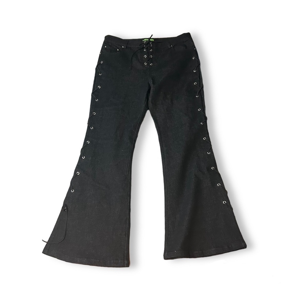 BLACK LACE-UP FLARE PANTS